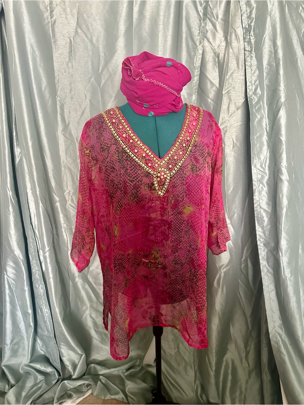 Gold Embellished Hot Pink Women's V-Neck Sheer Tunic Top XL